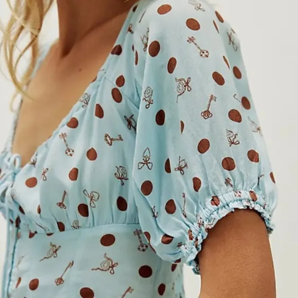 NWT Free People Buttercup Printed Top in Blue Combo